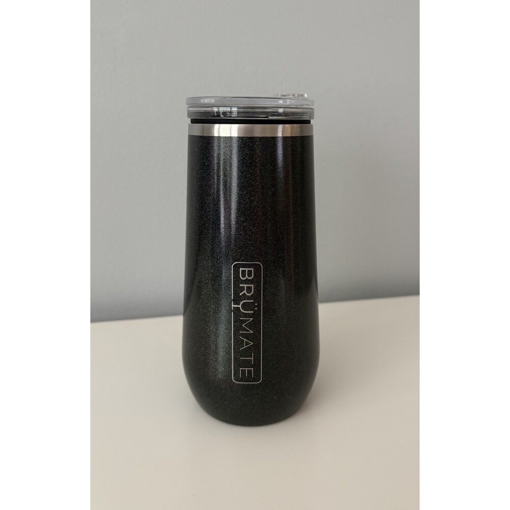 BruMate Champagne Flute 12oz Charcoal Glitter BevGuard Technology Hinged Lid